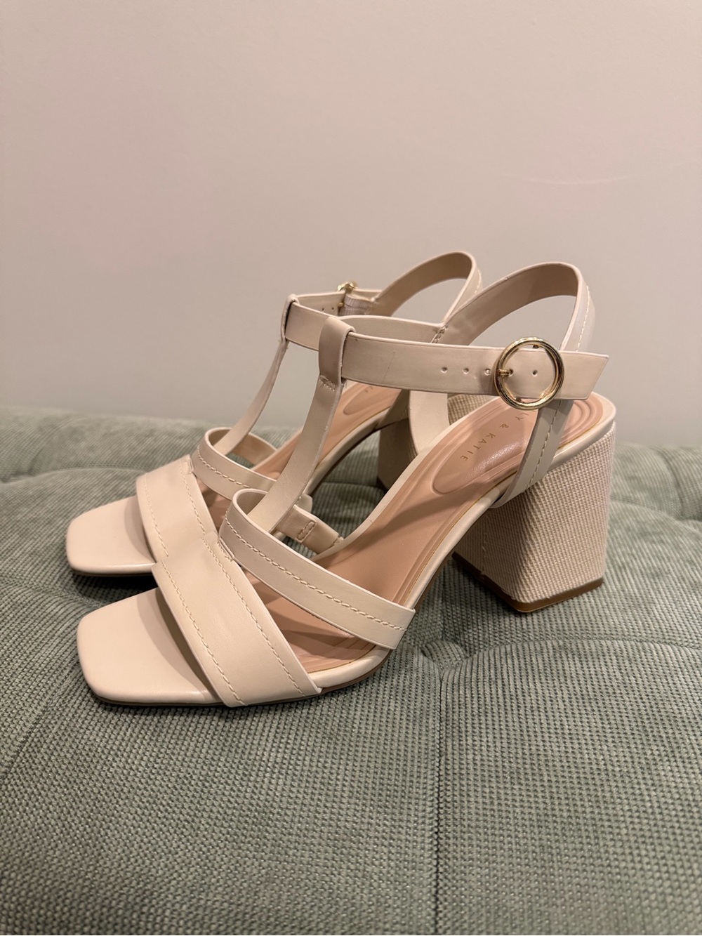 Kelly & Katie Cream T-Strap Block Heel Sandals